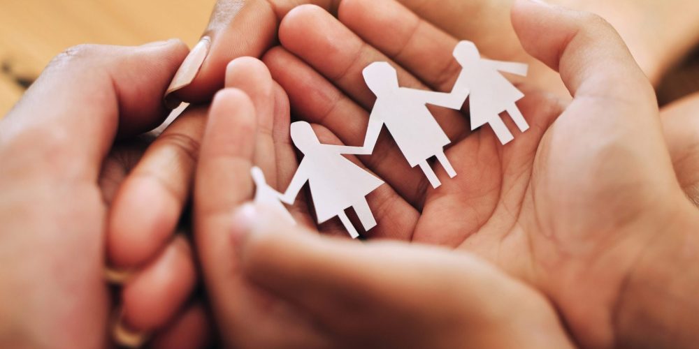 Hands, family and paper cutout, support and connection, link and bonding, foster care and adoption